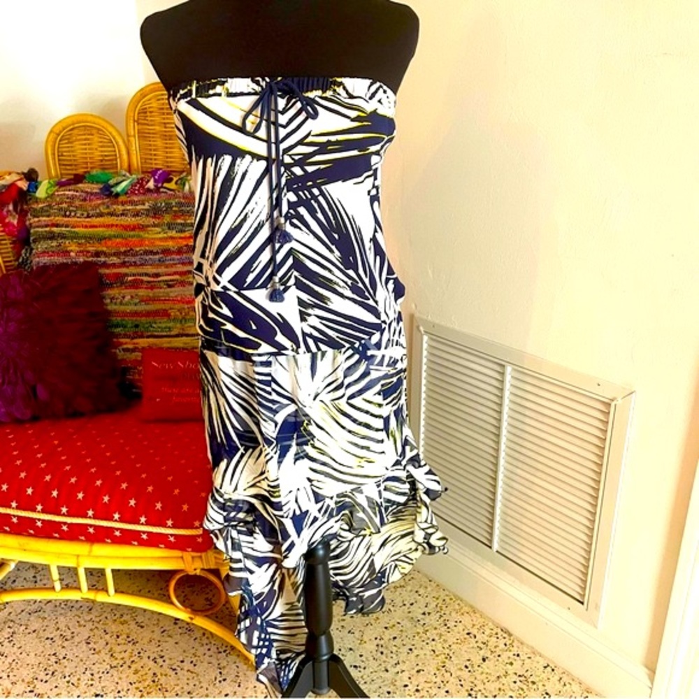 Anthropologie Analili Designer Strapless Dress! Navy White high low.